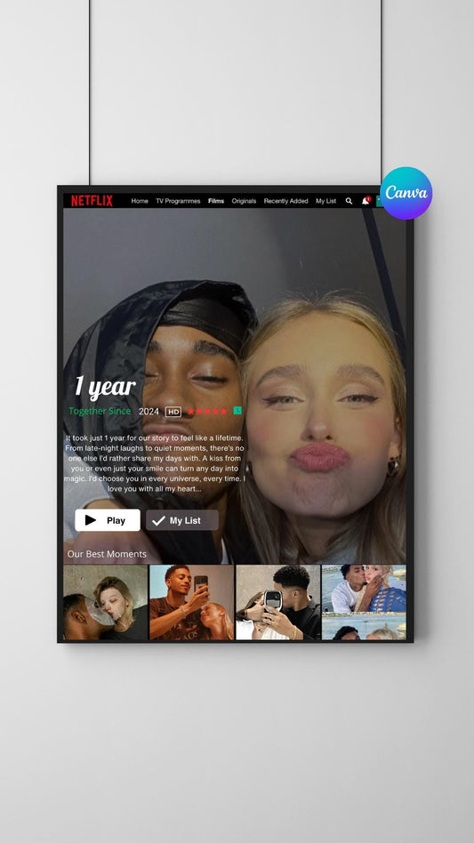Anniversary Gift for Him or Her, Custom Netflix-Themed Couple Poster, Digital Canva Template for Boyfriend or Girlfriend Gift
