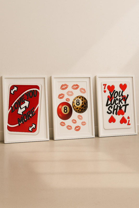 Bold Girly Wall Art Prints Set of 3 | Digital Download Posters for Her Room Decor | 8 Ball Kiss, Love Card & Red Heart Artwork