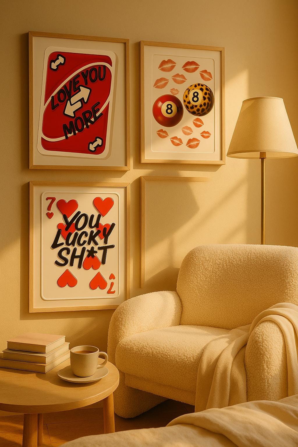 Bold Girly Wall Art Prints Set of 3 | Digital Download Posters for Her Room Decor | 8 Ball Kiss, Love Card & Red Heart Artwork