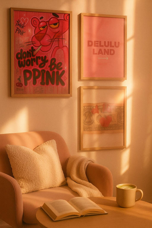 Pink Wall Art Prints Set of 3 for Her – Digital Download Posters with Love Dollar & Pink Panther Girly Street Art Decor