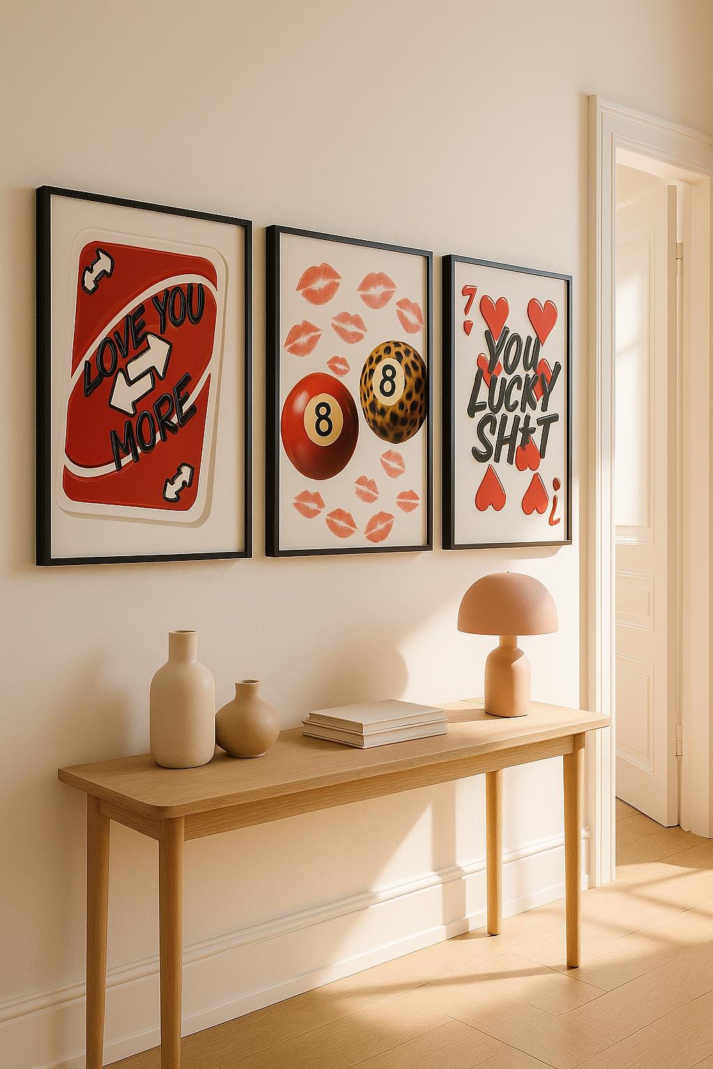 Bold Girly Wall Art Prints Set of 3 | Digital Download Posters for Her Room Decor | 8 Ball Kiss, Love Card & Red Heart Artwork