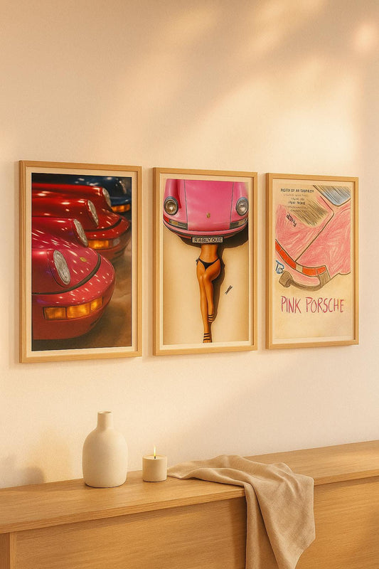 Retro Porsche Wall Art Prints Set of 3 | Pink 90s Car Girl Digital Download Posters & Bold Auto Decor for Her Room
